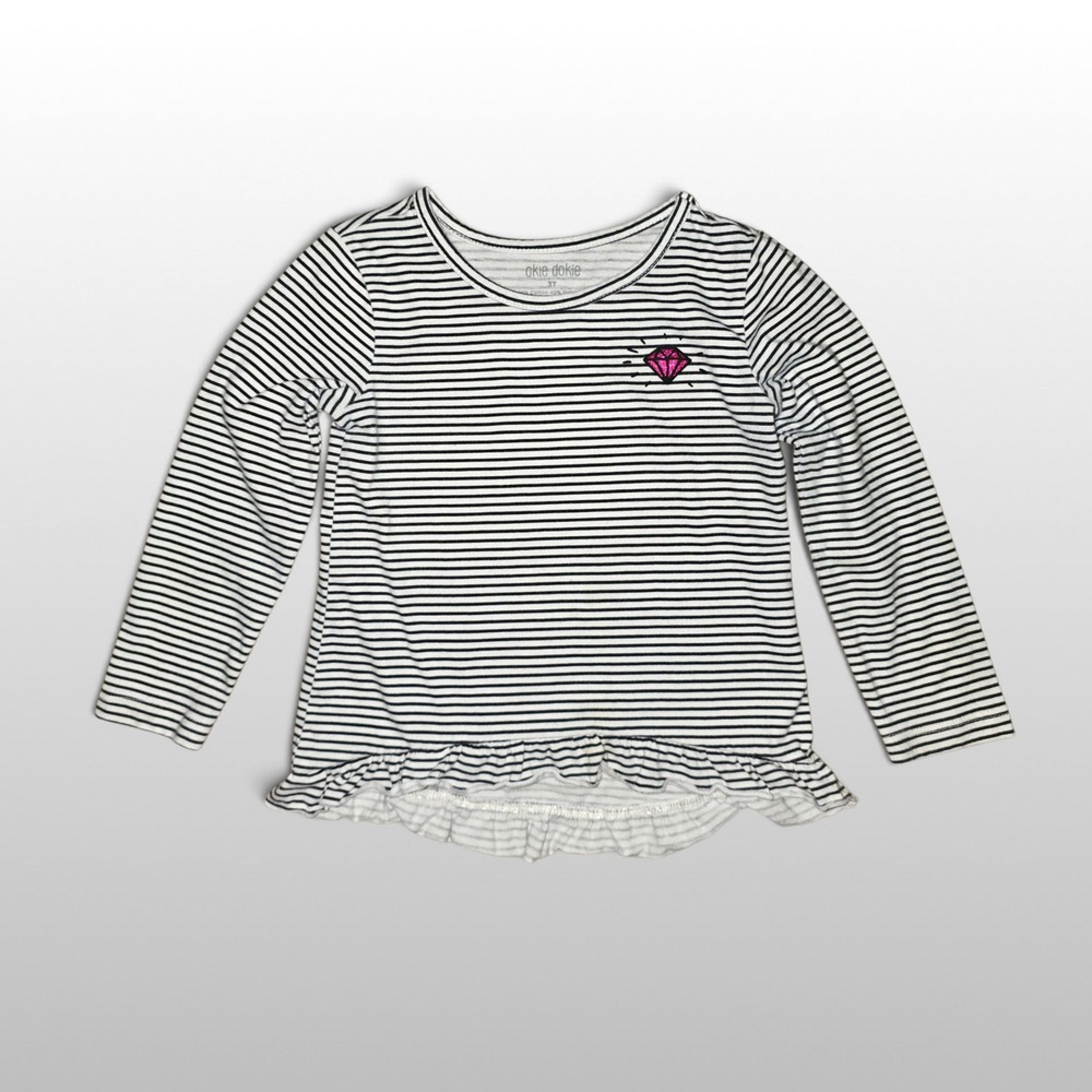 Toddler Okie Dokie Long Sleeve Ruffle Striped Pink Diamond White Black 3T Shirt